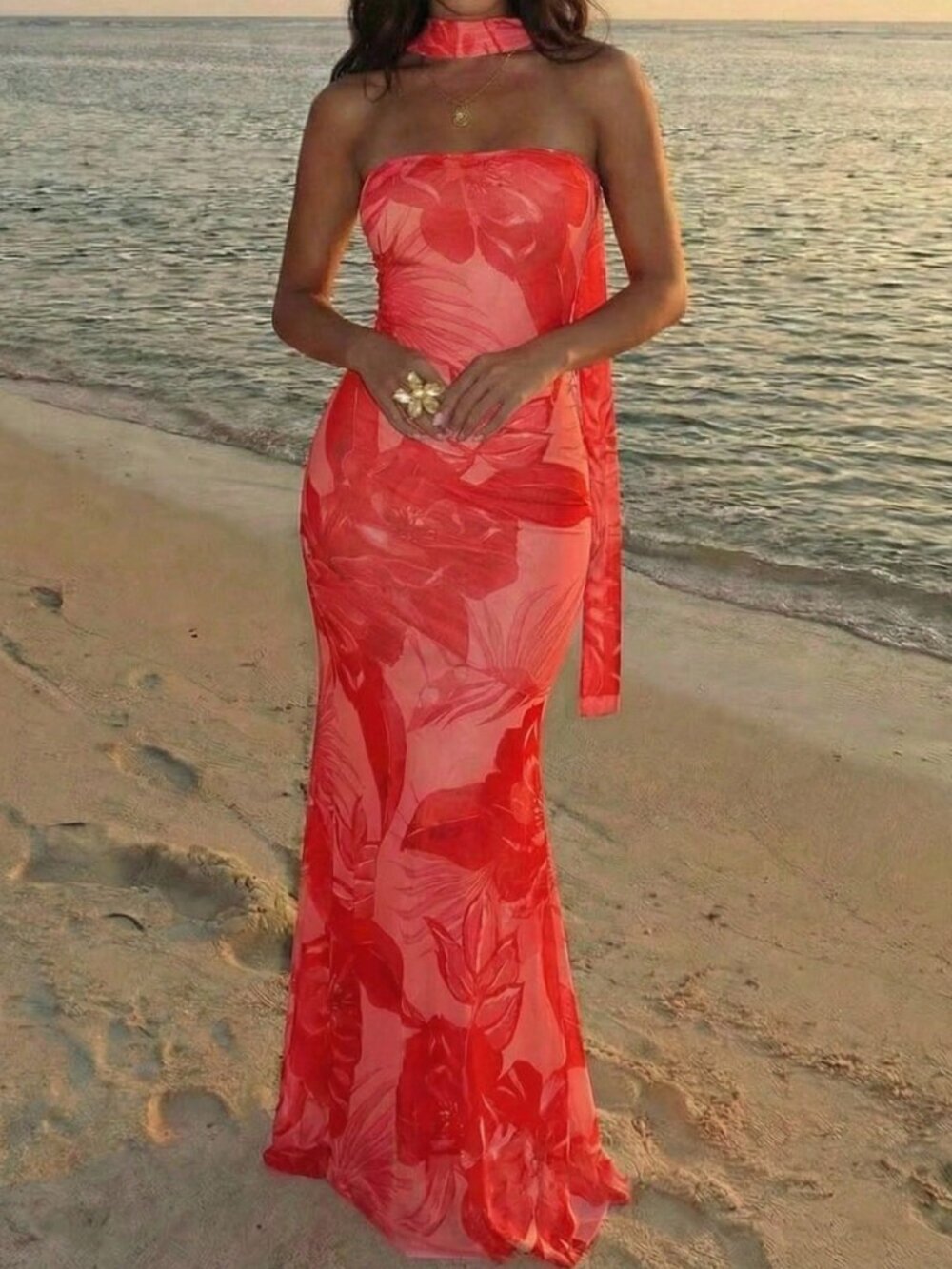 Red Elegant Women's Casual Printed Maxi Dress